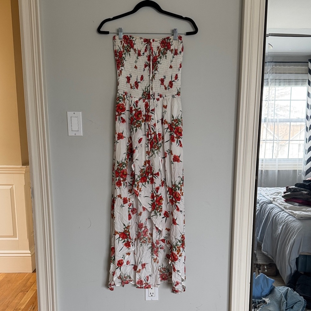 Paradise USA Strapless Floral Hi Low Dress - White with Red Blooms